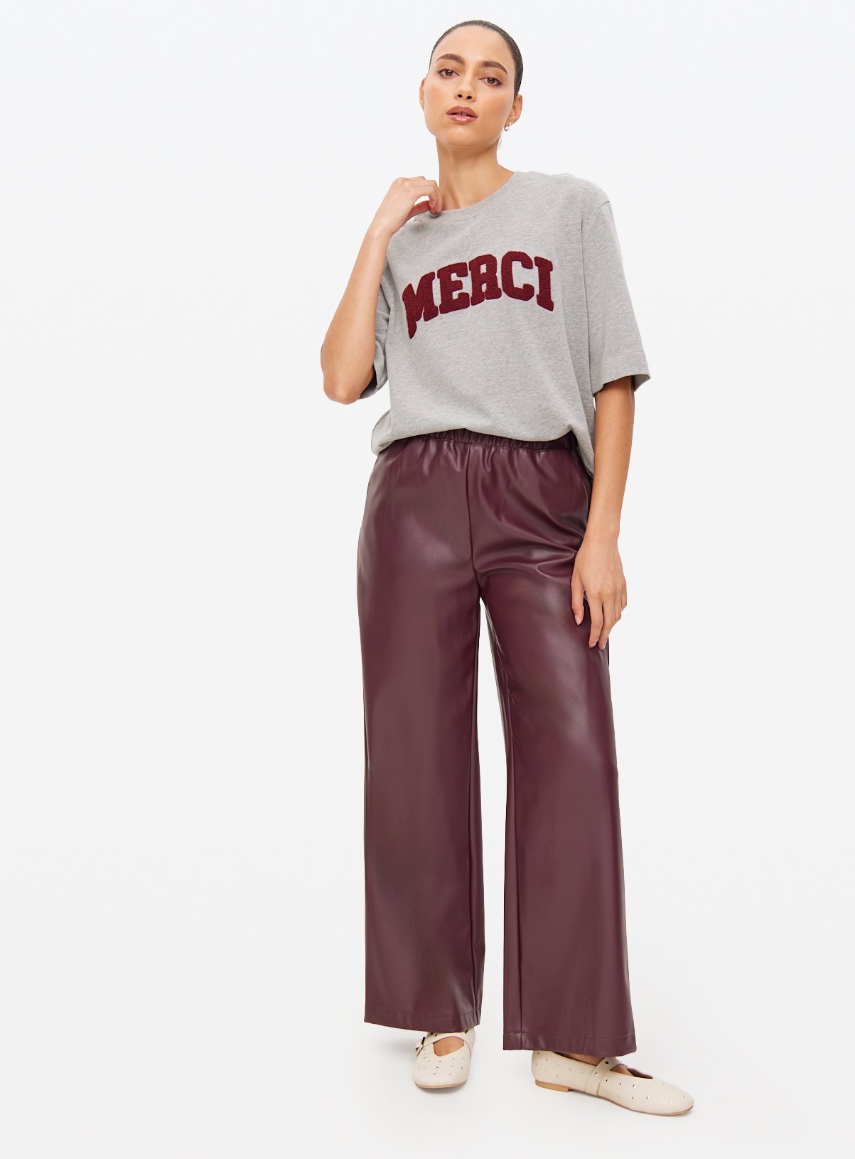 Burgundy Faux Leather Wide Leg Trousers 24 - Image 1 thumbnail
